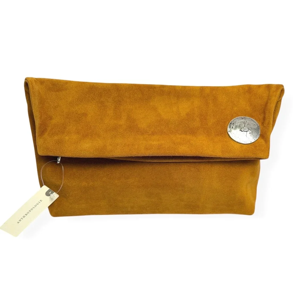 Streets Ahead Vesta‎ Foldover Clutch NWT Anthropologie $382 Tan Suede Cognac